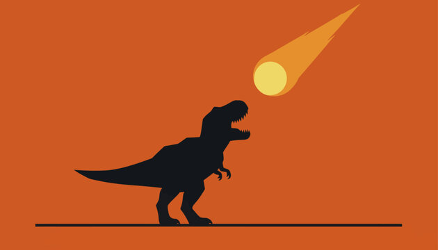 Striking silhouette of a Tyrannosaurus Rex gazing at a fiery meteor, symbolizing the catastrophic extinction event that wiped out dinosaurs and dramatically reshaped Earth's ancient ecosystem