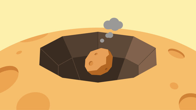 Stylized vector illustration of a dramatic meteor impact crater on a barren, moon-like planetary surface, featuring a smoking asteroid after a cosmic collision