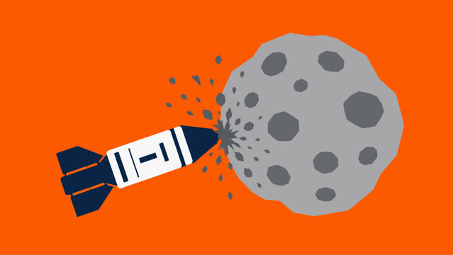 Rocket Ship Crashing Into A Large Grey Asteroid In Deep Space Vector Illustration