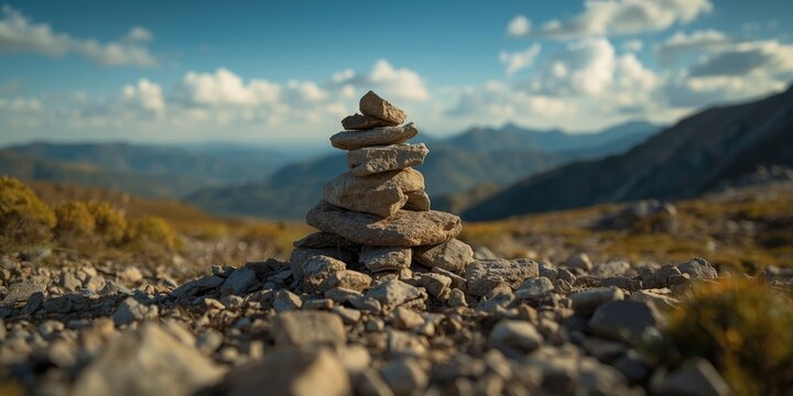 Pile of rocks arranged as a cairn to signal a hiking path outdoors