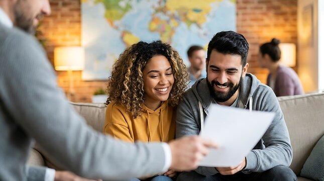 Smiling diverse couple meeting with financial advisor to discuss paperwork and make plans for future investments together in comfortable home office environment with world map.