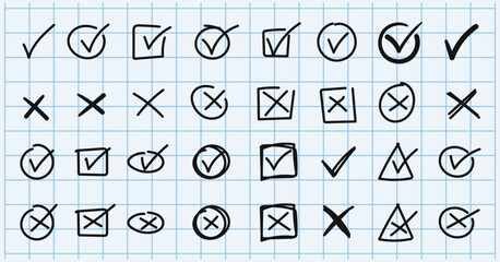 Hand drawn doodle check mark icon, check box icon with right and wrong buttons © katakari