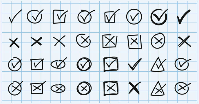 Hand drawn doodle check mark icon, check box icon with right and wrong buttons