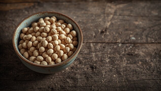 Bowl of dried chickpeas on a wooden surface