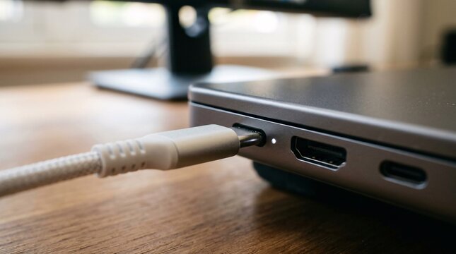 Macro shot elegantly captures connecting a white USB-C cable into the side port of a dark grey premium laptop with sleek modern aesthetics.