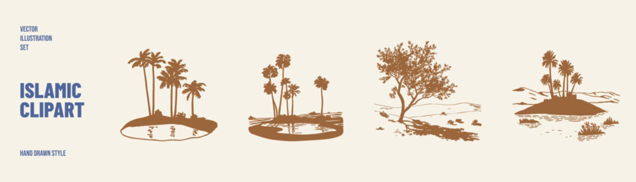 Minimal oasis and desert landscape illustrations with trees and calm sandy terrain. Illustrations for packaging and web decor in clean hand sketched style.