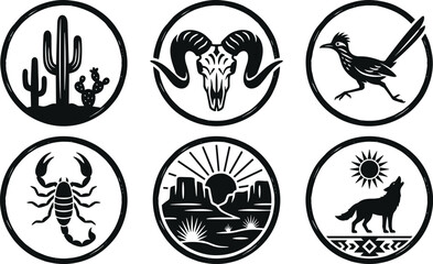 Fototapeta premium Desert and Southwestern Icon Set Featuring Cactus, Ram Skull, Roadrunner, Scorpion, Landscape, and Howling Wolf in Circular Style