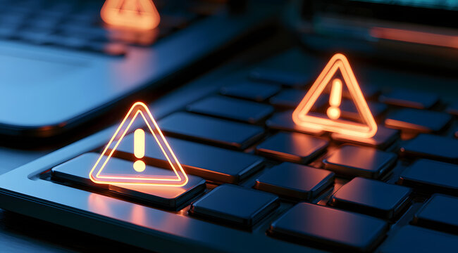 Warning alert triangle icons are glowing over the laptop keyboard, representing a system error notification