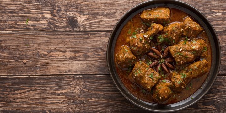 Tasty Indian mutton curry served with raw meat and fragrant spices copy space