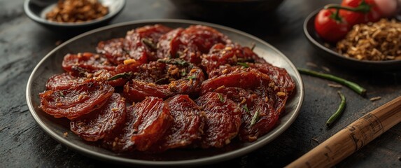 Obraz premium Platter of marinated meat slices on a dark table