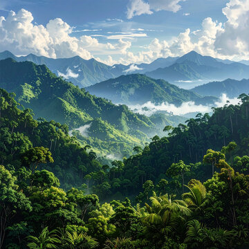 Lush Tropical Rainforest Mountains with Morning Mist and Blue Sky