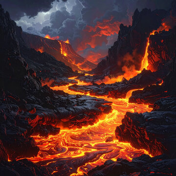 Dramatic Volcanic Landscape with Glowing Lava Flow at Night