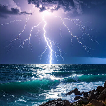 Powerful Lightning Strike over Stormy Ocean Waves at Night