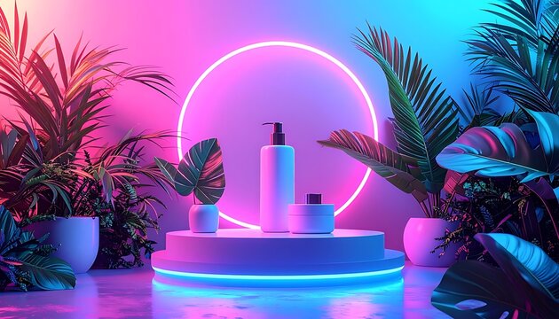 A product display with neon lights and plants