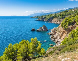 Fototapeta premium Seascape - coastline, horizon, blue color. Sea, ocean, natural beauty.