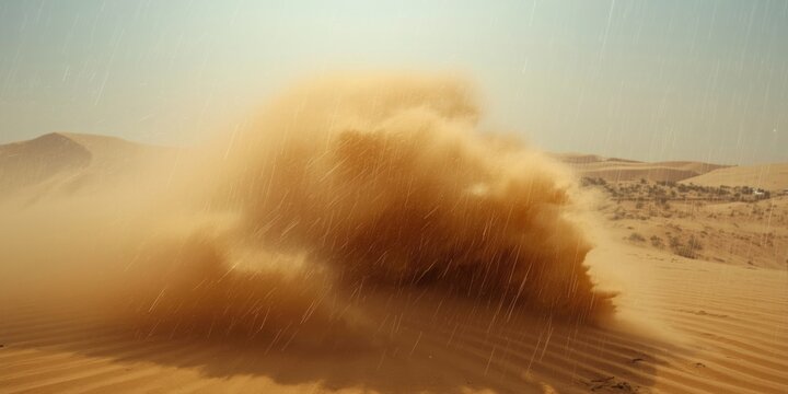 Sand blowing fiercely over desert landscape with rain and sunlight contrast