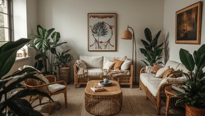 Fototapeta premium Cozy living room with plants and rattan furniture