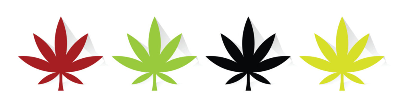 Cannabis marijuana leaf icon set with different organic  oil and medicine concept symbols. colorful hemp leaves with shadow isolated on white background. vector illustration.