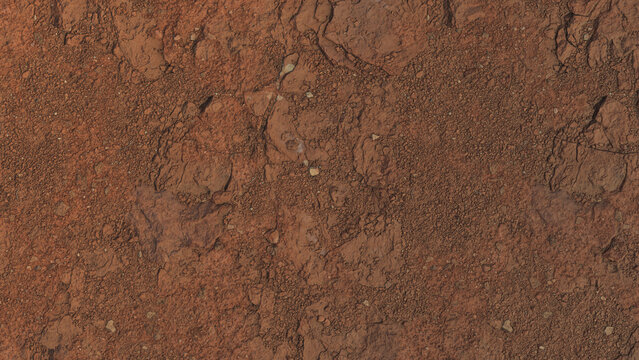 Red rocky desert ground texture. Dry cracked soil with stones, gravel and natural earth surface. Top view terrain background.