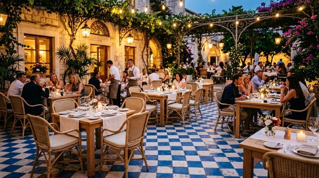 Upscale outdoor restaurant patio features woven rattan chairs and light oak dining tables placed nicely upon blue and white checkered tiles.