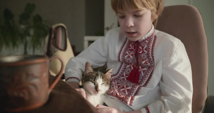 Kid Boy Hold Cat Kitten on Laps Stroking and Caressing. Kid in Ukrainian Traditional Attire Childhood. 4K 10-bit