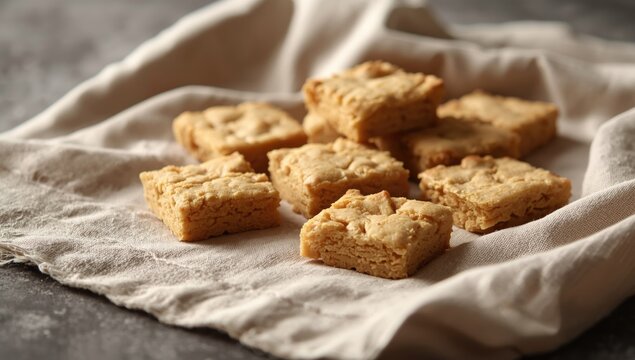 Homemade Scottish shortbread bars arranged on a linen cloth