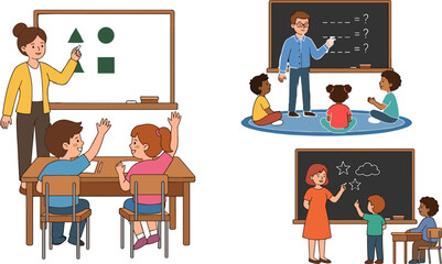 Kindergarten Classroom Education Vector Set with Teachers Explaining Math and Shapes to Cute Kids for School Promotion, Lesson Plans, and Banner Designs © Mdsumon