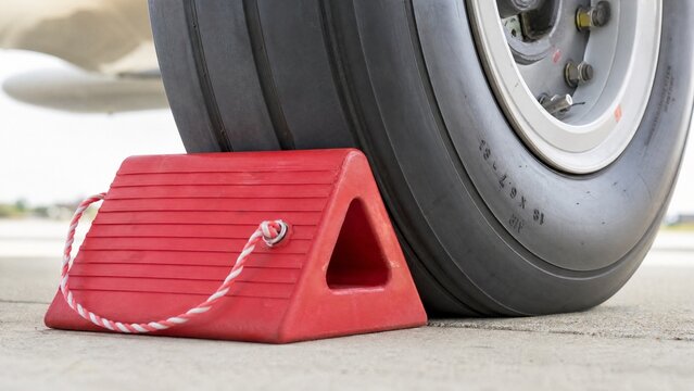 Red rubber wheel chock wedged in front of airplane tire, macro detail.