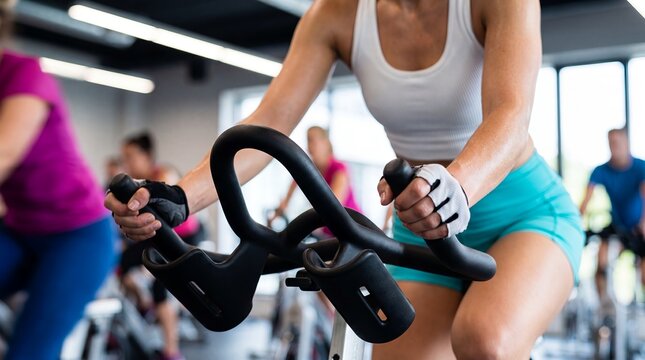 Woman gripping the handlebars of a stationary exercise bike during a spinning class in bright gym.