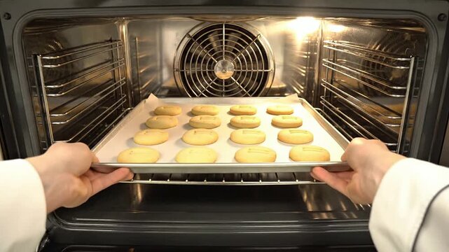 Professional 4K POV Shot Of A Tray Filled With Classic Shortbread Cookies Being Placed Into A Commercial Oven