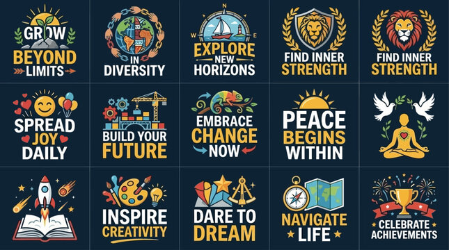 Collection of diverse motivational vector badges for personal growth and empowerment, featuring inspiring quotes and symbolic illustrations for success and positive mindset development