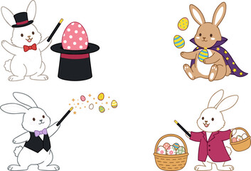 Naklejka premium Cute Magician Easter Bunny Vector Character Set with Magic Wands, Top Hats, and Juggling Patterned Eggs for Spring Holiday Celebration Greeting Cards and Children Prints
