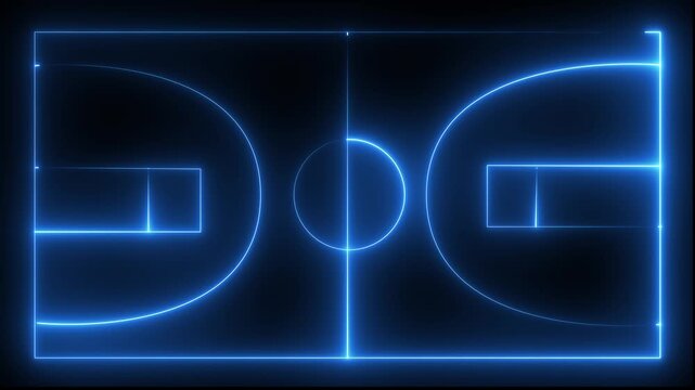 Vertikal basketball court. Basketball court black outline on white backround. Neon basketball court diagram glowing white lines on black grid background digital animation