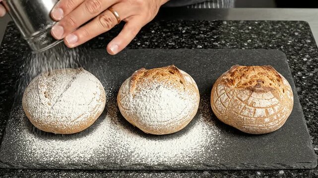 Professional Baker Coating Freshly Baked Bread Rolls With Flour Using A Shaker On A Dark Stone Countertop