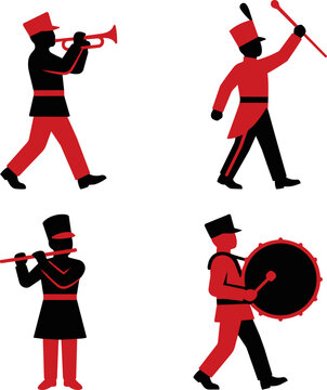 Set of four marching band musicians silhouettes, including a trumpeter, a drum major, a flutist, and a drummer