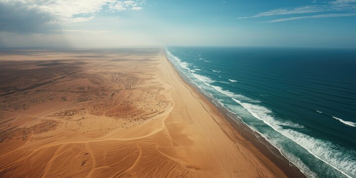 Desert landscape meeting the ocean under a cloudy sky