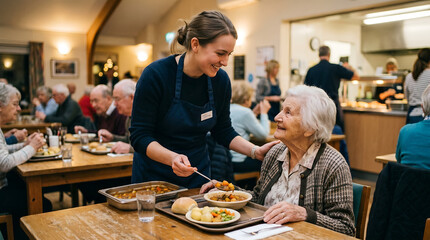 Fototapeta premium A friendly caregiver serving a warm meal to an elderly woman in a dining hall