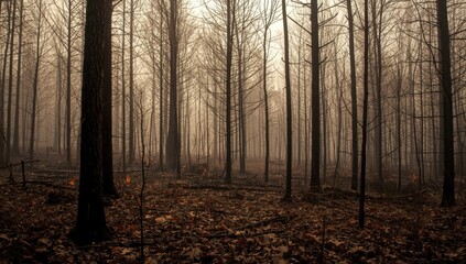 Fototapeta premium Barren forest with fog and fallen leaves in autumn