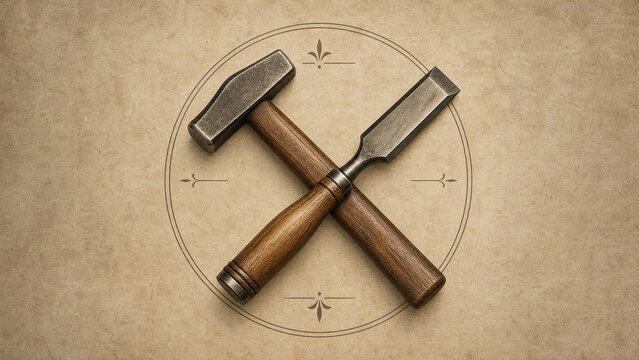 Crossed hammer and chisel tools, traditional craftsmanship symbolism.