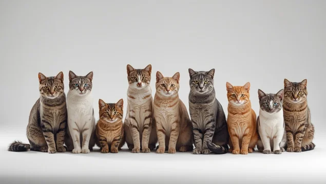 Different cats of multiple breeds sitting quietly in a line on white background