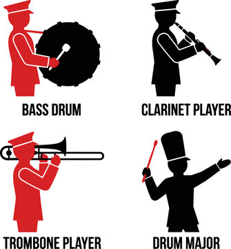 Set of marching band icons including bass drum, clarinet player, trombone player and drum major silhouettes