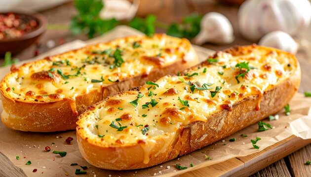A mouthwatering close-up of two slices of garlic bread