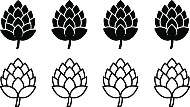 Set of black and white beer hop flower icons