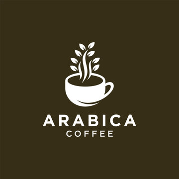 Arabica Coffee Cup Logo Design with Leaves and Steam.