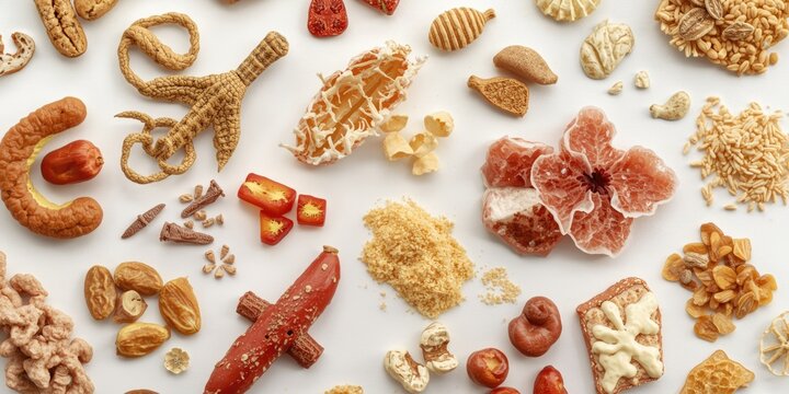Variety of natural snacks and dried fruits on white background