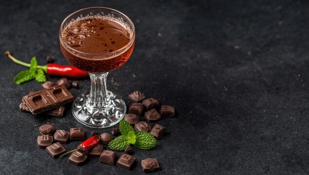Chocolate and chili drink with mint leaves on dark background