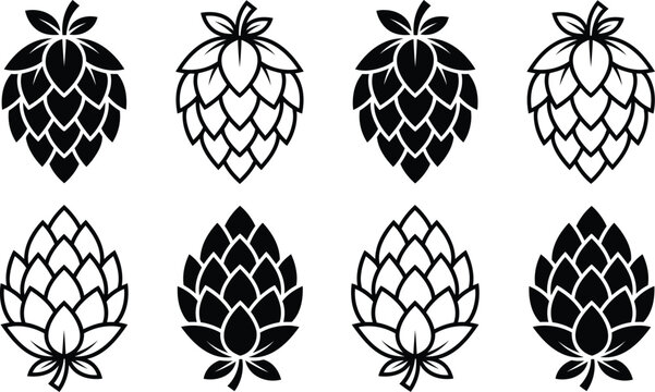 Set of black and white beer hop plant icons