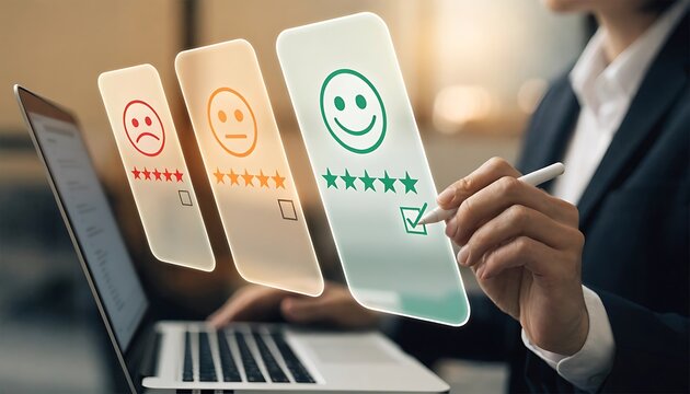 Customer feedback forms with smiling and frowning faces displayed on a laptop screen digital interface client review user experience