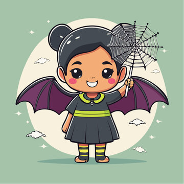 Cute Bat Girl Holding Spiderweb Umbrella