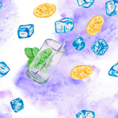 Hand-painted watercolor seamless pattern featuring a glass of refreshing mojito or lemonade with green mint leaves, citrus slices, and blue ice cubes, scattered on a light purple watercolor wash © Margarita